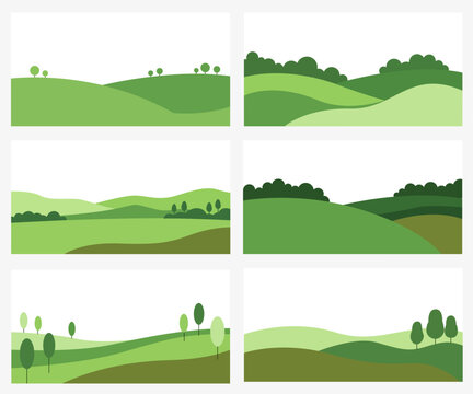 Minimalist Green Rolling Hills Landscape Backgrounds Set, Flat Vector Illustration