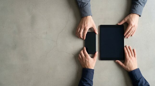 Two pairs of hands placing smartphone and tablet on concrete table