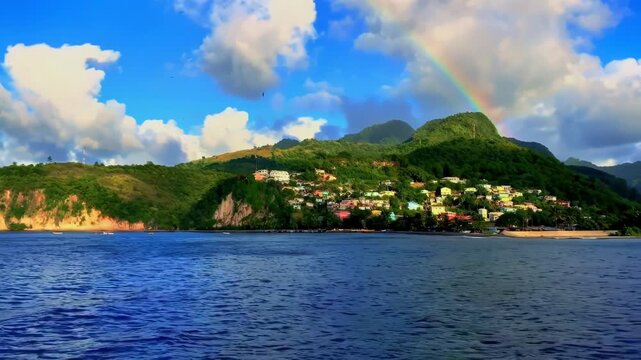 Vibrant Rainbow Over Colorful Coastal Village on Saint Lucia Island with Lush Green Hills and Caribbean Sea