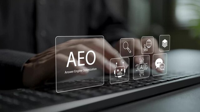 AEO answer engine optimization concept. Person typing keyboard with AI search, chat and question icons, voice search optimization, AI answer ranking and digital marketing strategy.