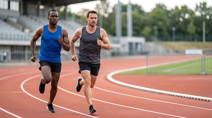 Fototapeta premium Two male athletes running and competing on a professional outdoor stadium running track