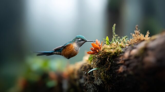 Hummingbird with vibrant blue, orange, & green hues sipping nectar from a flower on a mossy branch