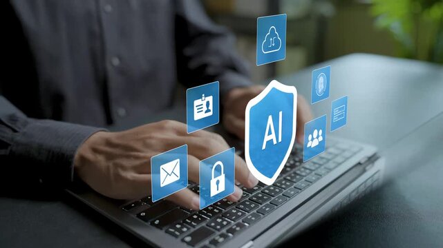 AI cybersecurity and threat protection concept. Person using laptop with artificial intelligence, shield and padlock icons, smart network defense, data privacy and cyber attack prevention.