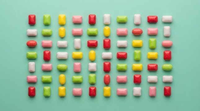 Grid pattern of colorful chewing gum dragees on mint green background