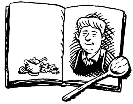Traditional cookbook with wooden spoon, lineart