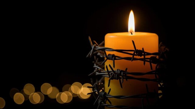 Lit candle wrapped in barbed wire