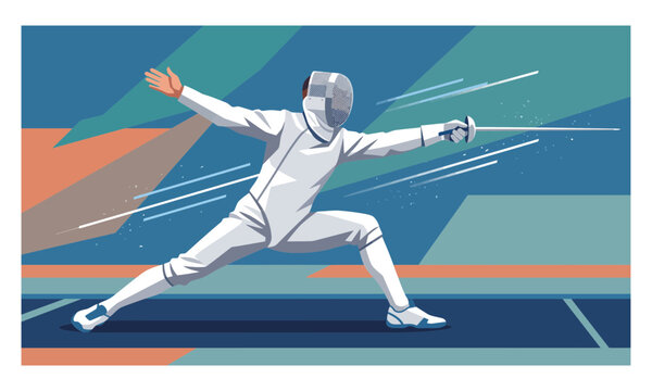 Fencer athlete in lunge attack stance holding sword vector illustration for fencing championship sports background