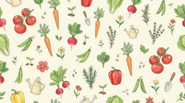 Seamless botanical pattern of fresh garden vegetables and herbs, hand-drawn in a modern, organic style, perfect for healthy food and nature-inspired designs
