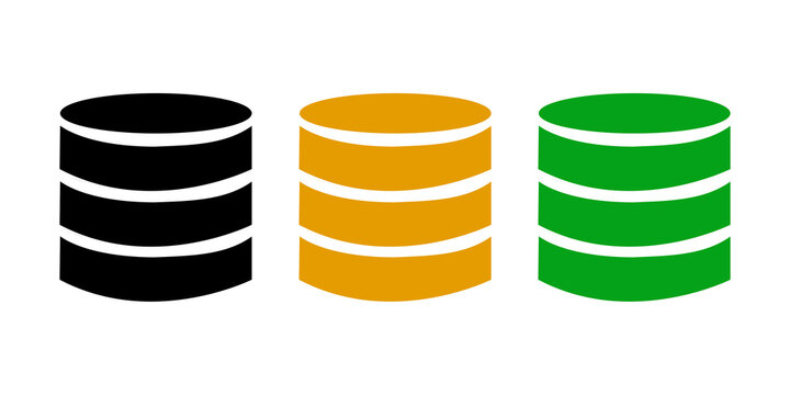 Three database server icons in black orange and green isolated on transparent background set