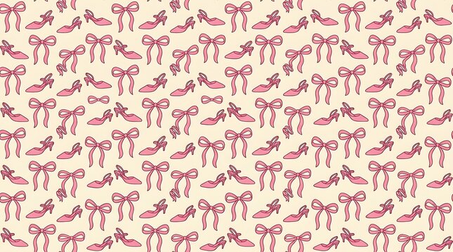 Pink coquette pattern featuring high heel shoes and ribbon bows