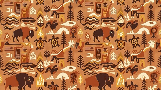 Seamless tribal pattern with bison and nature symbols in earth tones