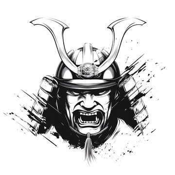 Fierce shouting samurai warrior helmet ink illustration isolated on a transparent background
