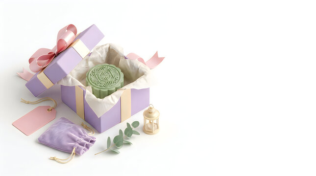 Elegant purple gift box with green mooncake, luxury mid-autumn festival present, pastel holiday packaging on white background Autumn