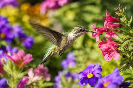 Hummingbird hovering at garden flowers with motion blur wings and floral background.