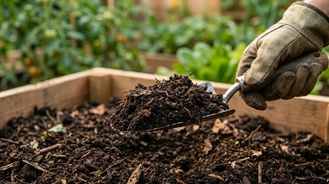 A hand in a glove holds a trowel above a mound of dark, rich soil in a garden setting, suggesting gardening or composting activities.