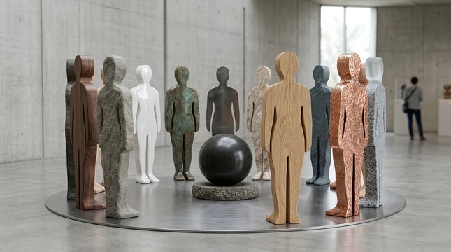 Minimalist human sculptures in a circle, contemporary art installation in a gallery, abstract stone figures around a sphere