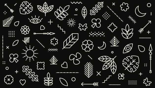 Hand-drawn botanical pattern with leaves, flowers, sun, moon, arrows and abstract symbols in cream line art on a dark background, creating a modern boho decorative design.