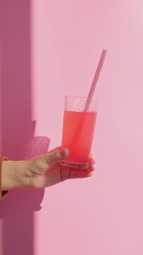 Vertical video of pink berry lemonade with straw in a glass in woman's hand on bright pink background	