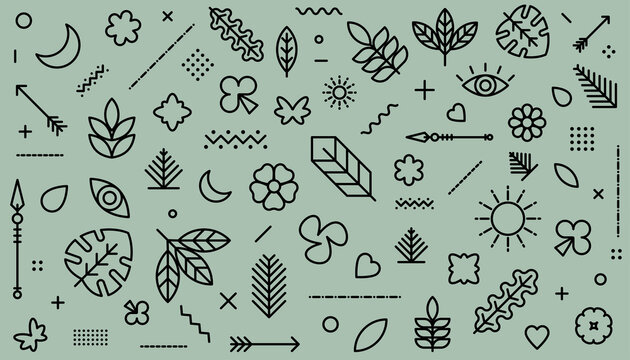 Hand-drawn botanical doodle pattern with leaves, flowers, sun, moon, arrows and abstract symbols in black line art on a soft sage green background.