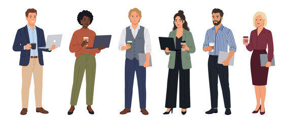 Fototapeta premium Diverse business team with laptops and coffee cups on white background