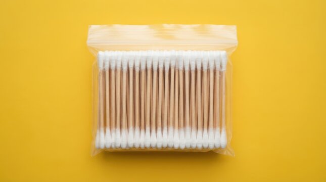 A plastic bag filled with bamboo cotton swabs isolated on a yellow background