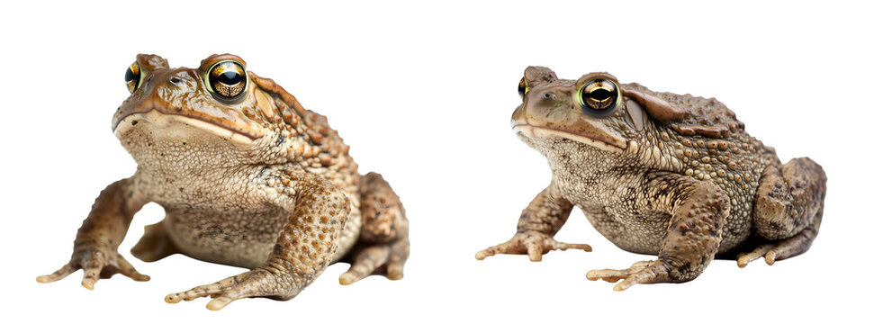 Two brown toads sitting isolated on a transparent background