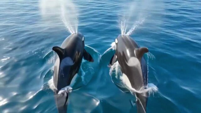 Two dolphins swimming in deep blue ocean water and spraying water from blowhole.