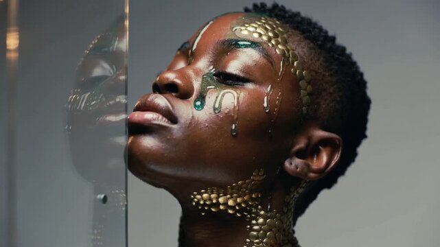 Lifting chin, model tilting back near glass, letting green-gold makeup drip, highlighting appliques