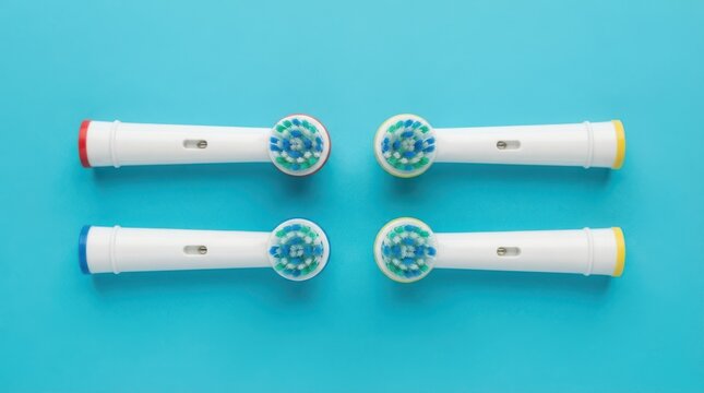 Four electric toothbrush replacement heads with colored rings on a blue background