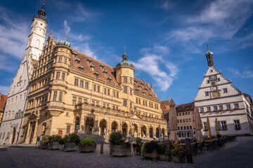Obraz premium Rothenburg ob der Tauber Marktplatz Market Square Rathaus Town Hall Renaissance Facade Tower Bavaria Germany