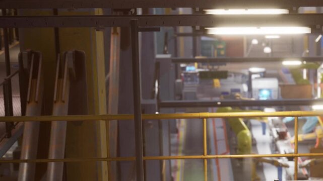 Workers move around a large industrial facility filled with machinery and equipment. Bright lights illuminate the workspace as tasks are carried out on various machines.