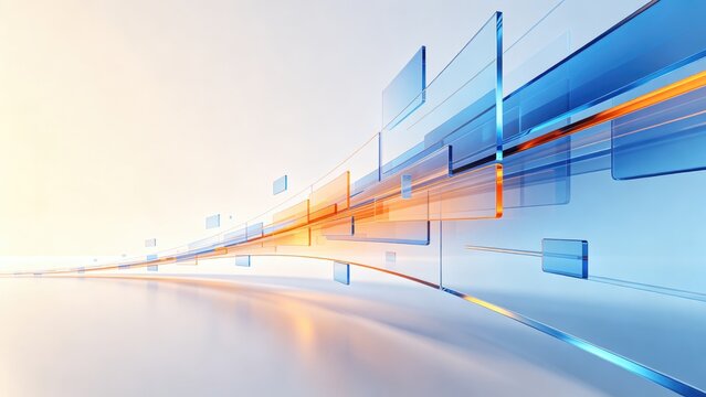Transparent blue and orange glass panels forming futuristic digital technology flow, abstract IT network background with spacious copy area for modern banner design