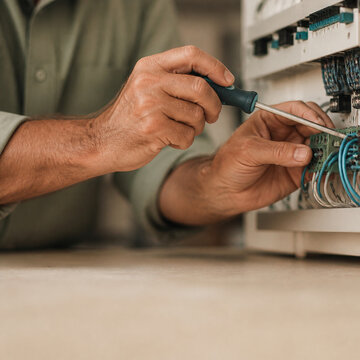 Close-up of adult hands working on an electrical training panel with hand tools, the trainee's torso blurred behind, bench surface empty across the bottom