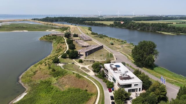Aerial view of the Watersnoodmuseum in Zeeland, housed in historic concrete caissons used after the 1953 North Sea flood disaster.