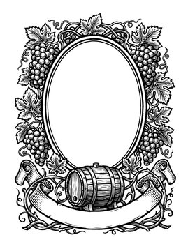 Vintage engraved wine label frame with grape clusters vines oak barrel and blank ribbon banner