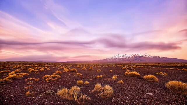 Time Lapse of Snow-Capped Volcanic Peaks and Pink Sunset Sky over Patagonian Desert Landscape