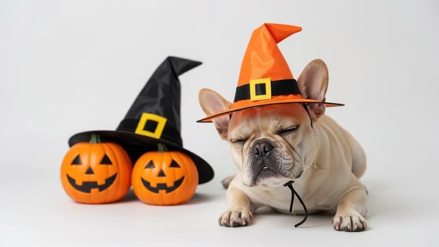French bulldog wearing a witch hat with pumpkins isolated on white background