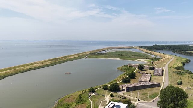 Aerial view of the Watersnoodmuseum in Zeeland, housed in historic concrete caissons used after the 1953 North Sea flood disaster.