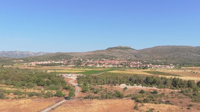 The rural landscape surrounding Opoul Perillos in southern France, aerial view.