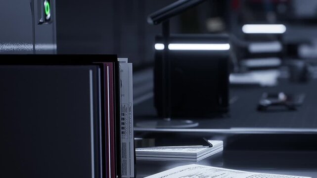 A desk is set up with files, a lamp, and a smartphone. The environment looks modern and organized. Soft light from the lamp creates a focus area. It shows a typical workspace.
