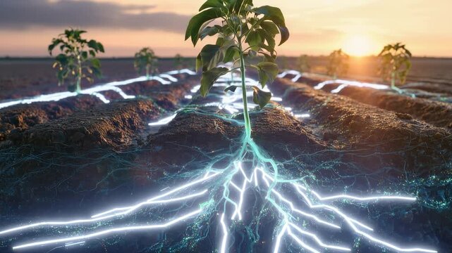 Digital plant roots glowing underground in smart agriculture field at sunset