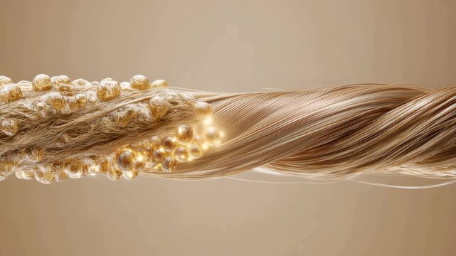 Damaged hair transforming into smooth healthy strands with glowing repair serum particles