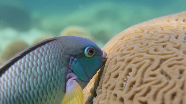 Contacting brain coral, colorful parrotfish pressing beak on shallow reef, scraping algae