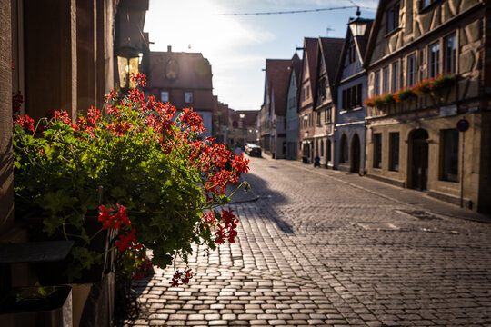 Rothenburg ob der Tauber Golden Hour Cobblestone Street Red Geraniums Half Timbered Buildings Atmospheric Bavaria Germany