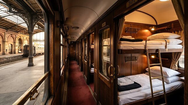 Luxury Vintage Sleeper Train Cabin with Wooden Interior at Station Platform