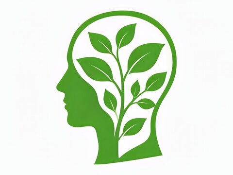 Silueta de una cabeza humana con hojas en su interior, de color verde, sobre un fondo blanco