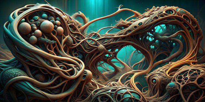 Abstract organic fantasy art with interwoven brown roots and teal tendrils creating a surreal landscape with glowing spheres and openings