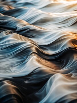 Abstract dark and metallic fluid waves with highlights of blue and orange creating a sense of dynamic liquid motion