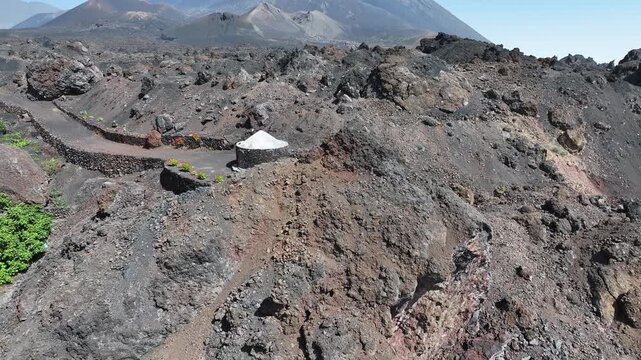 Drone Shot of Funco, Traditional House on Cape Verde Between Lava Rocks on Fogo Island