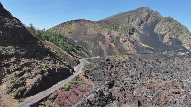 Drone Shot of Road in Landscape of Fogo Island, Cape Verde, Volcanic Hills and Lava Fields